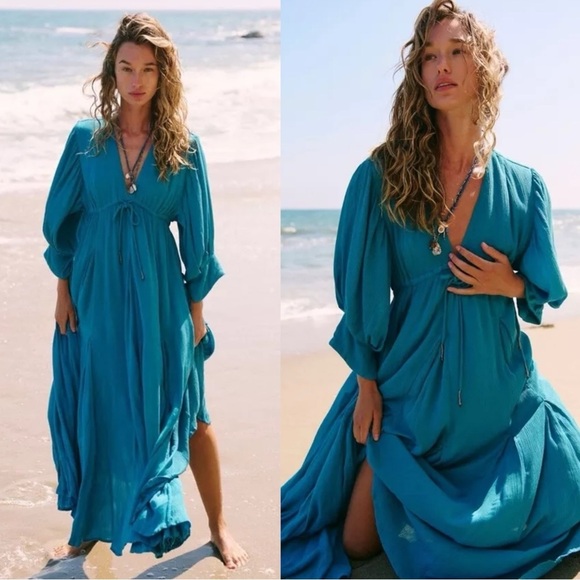 Free People Just Like Paradise Maxi Dress Blue Moon XS Bohemian Ethereal Beach - Picture 1 of 11